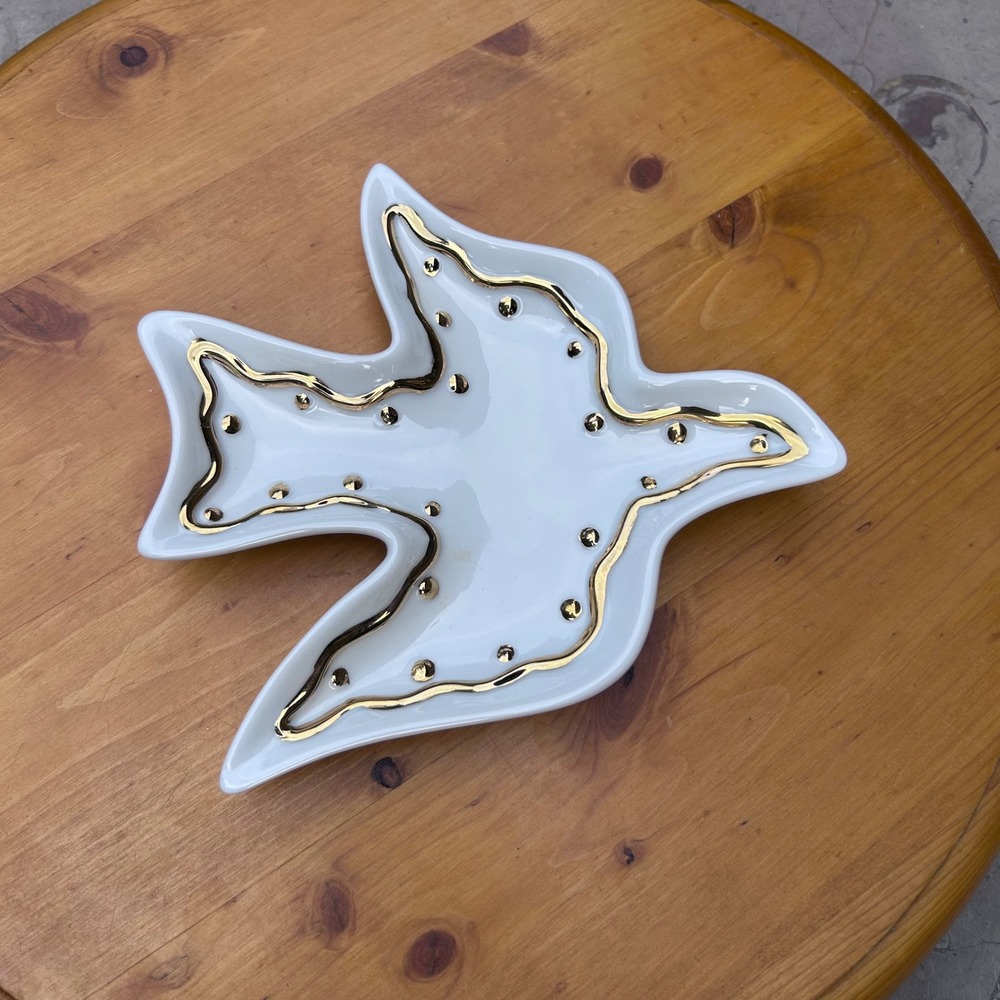 Vintage Ceramic Bird Trinket Dish White Gold Dove Swallow Ring Tray MCM MCM